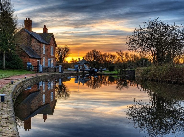 The Bratch locks and canal in Wombourne at sunset